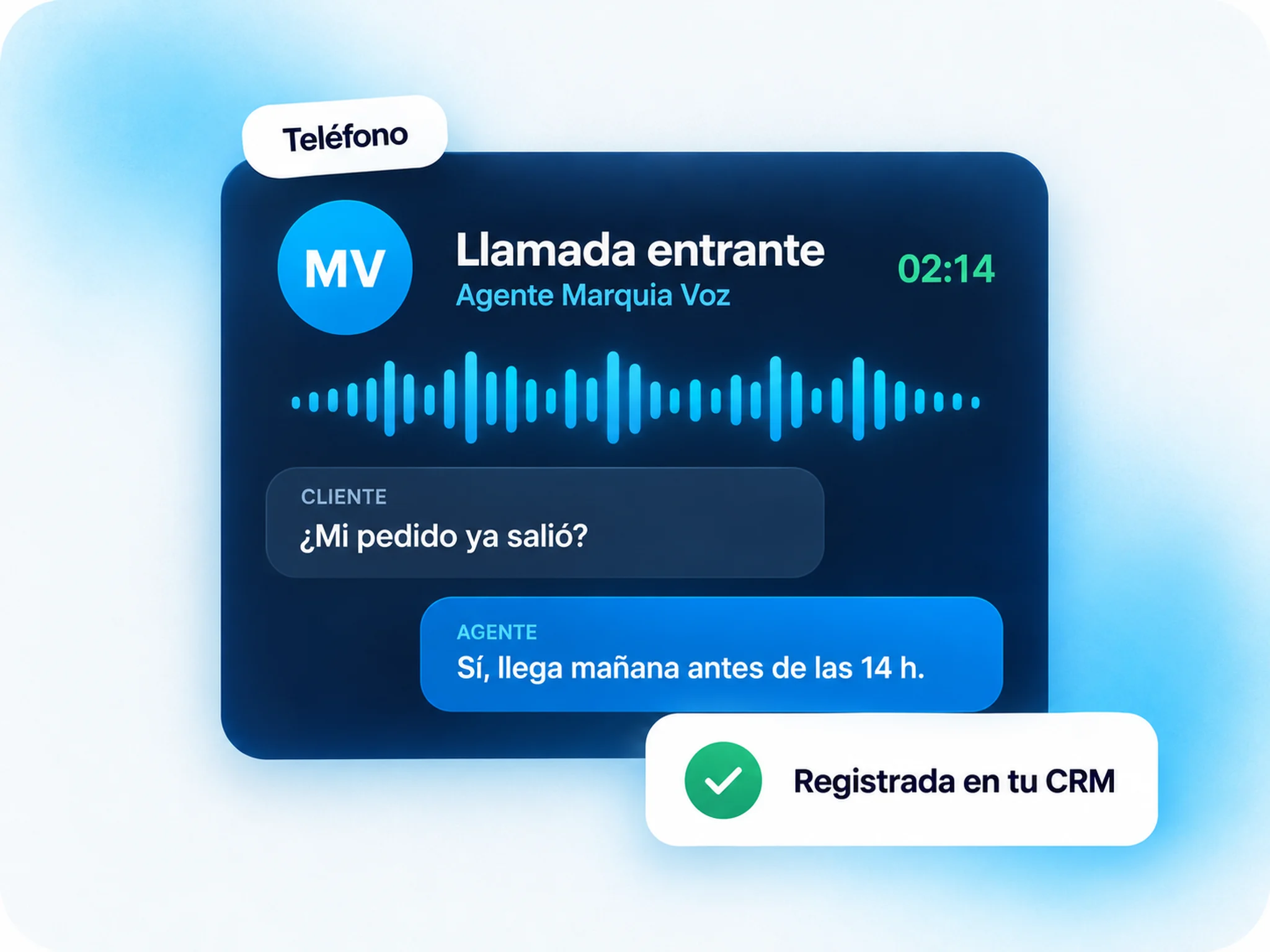 Marquia Voz: llamada atendida por un agente de voz con IA y registrada en el CRM